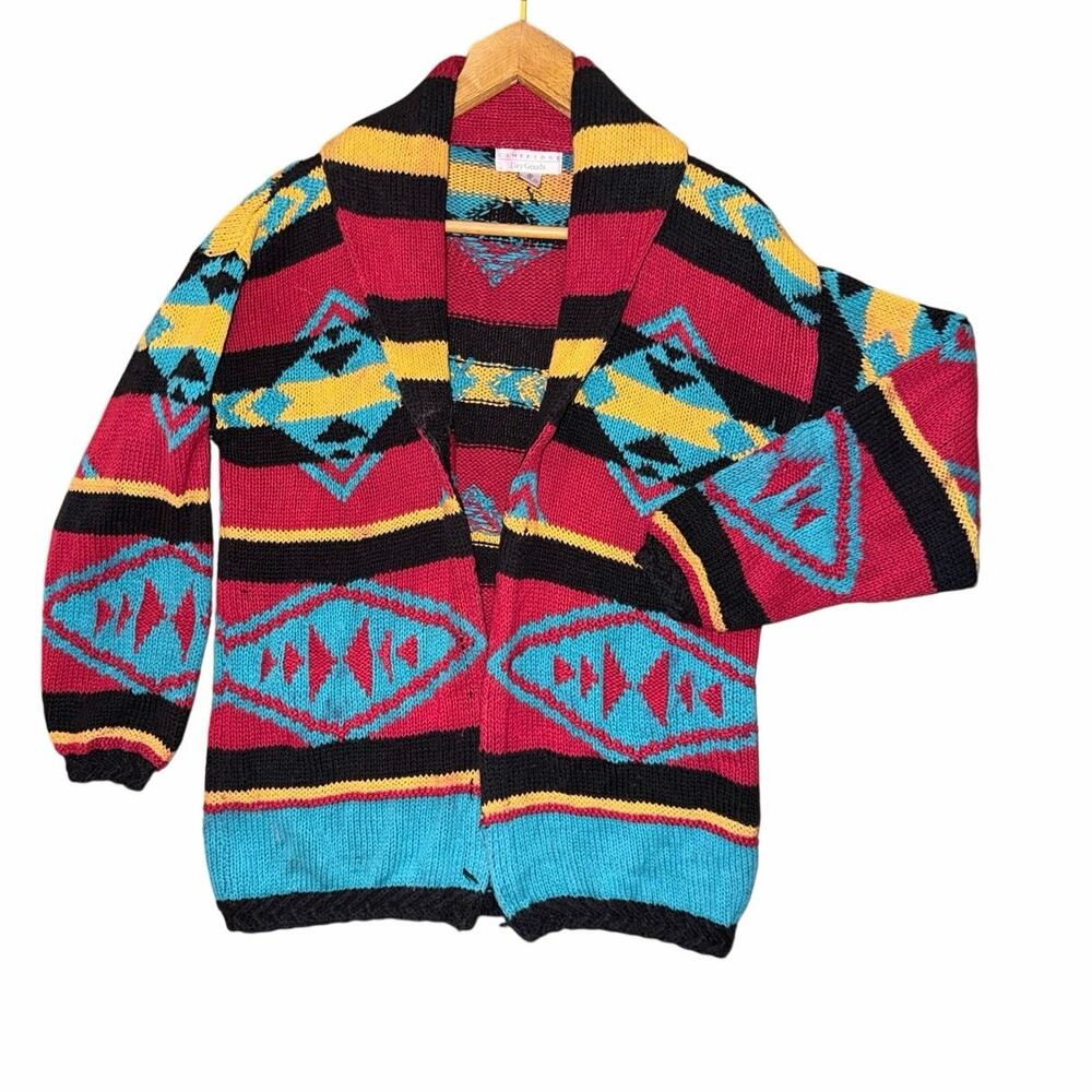 Vintage Cambridge dry goods roll neck Aztec cotton ramie cardigan sweater small